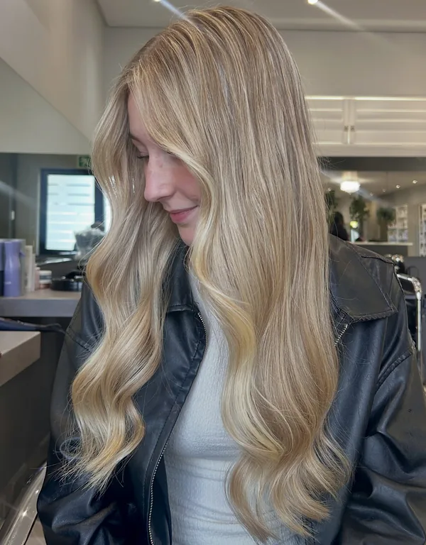 Long, lived-in blonde with soft waves, styled in the salon