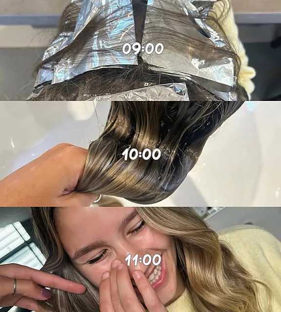 Three frames of one appointment: foils at 09:00, rinsing at 10:00 and the finished blonde at 11:00